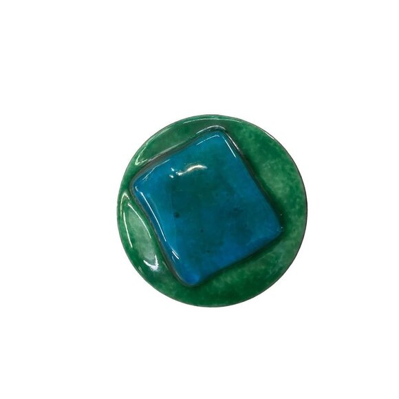 Vintage 1980s Porcelain Brooch Pin Mod Design Blue Green Glazed Copper Trim 2" D - Picture 3 of 12